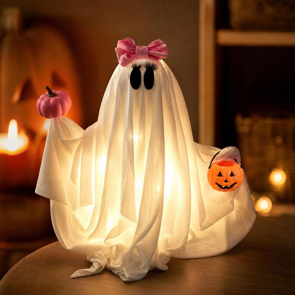 Halloween Pumpkin Figurine with 3-Function Button Battery Box and Warm Light