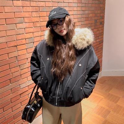 Vintage Style Fur Collar Parker Cotton-padded Jacket Latest Winter Relaxed Fit Hooded Thick Cotton-padded Clothes