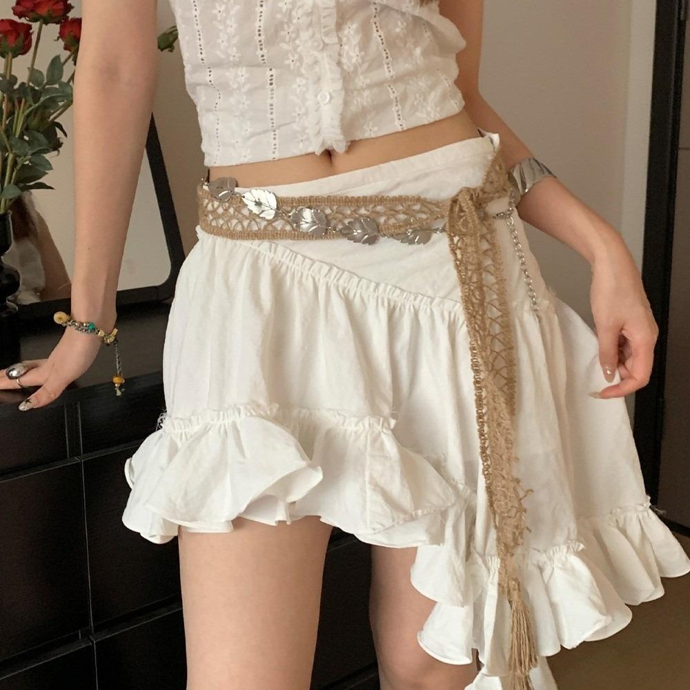 Ethnic Style Cotton and Linen Woven Belt Long Silver Leaves Waist Chain  Spicy Girls