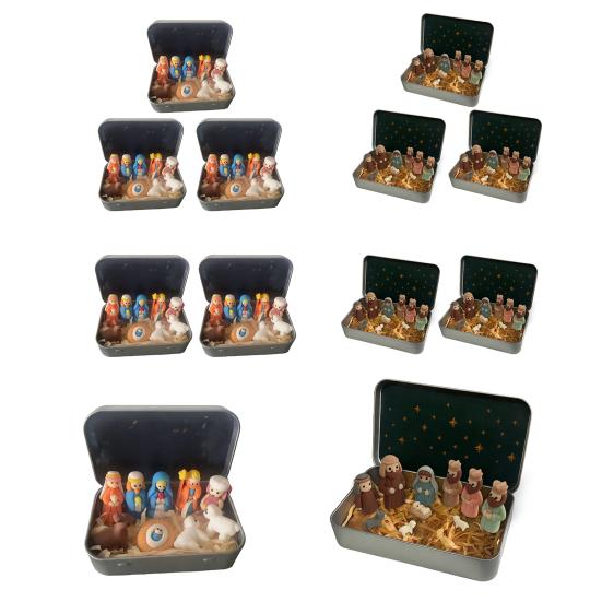 1/2/3Pcs Mini Nativity Scene Set In Tin Box Handcrafted Pocket Size Nativity Scene Tin Resin Birth of Jesus Ornament Christmas Decoration