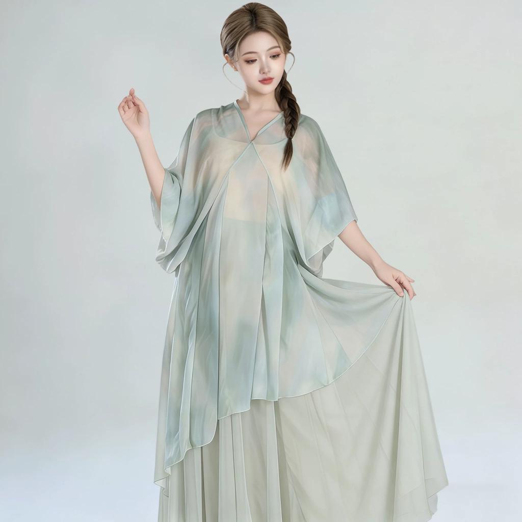 Damen chinesischer Stil Farbverlauf Fließendes Tanzkleidungsset, Lockeres asymmetrisches Oberteil & Maxirock, Elegantes Performance-Kostüm