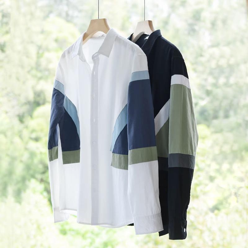 Men's Color Block Roll Up Sleeve Button Down Shirt Casual Cotton Streetwear Top