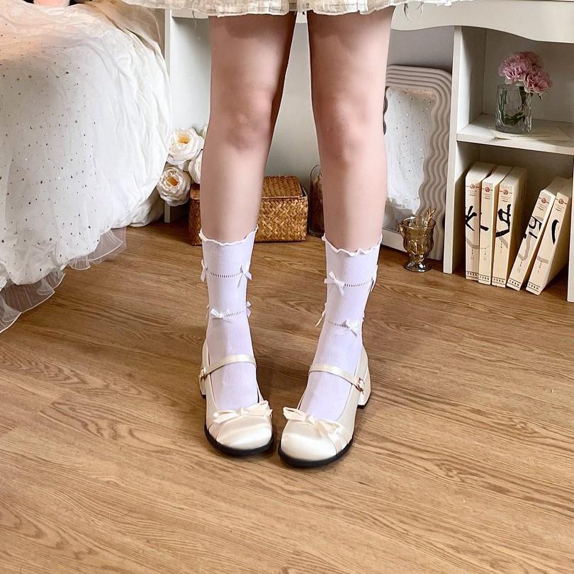 

Velvet Mid-Calf Bow Socks - Breathable, Thin, Solid Color, Sweet Japanese Style білий