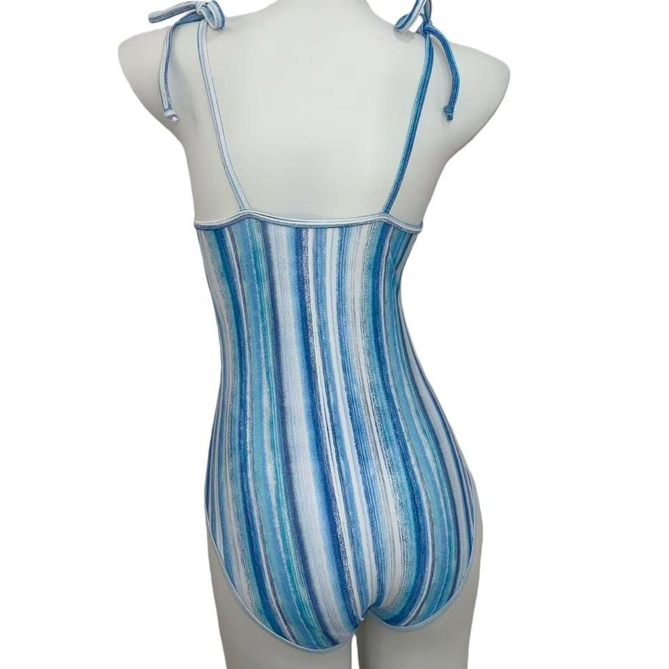 Year one-piece small fresh stripe print suspender fashion swimsuit backless white and thin low split