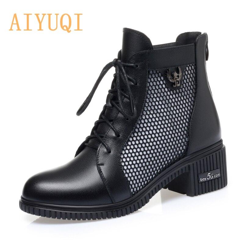 

Женские летние сандалии, сетчатая обувь из натуральной кожи на шнуровке, женские сандалии на среднем каблуке с круглым носком на толстом каблуке, женская обувь