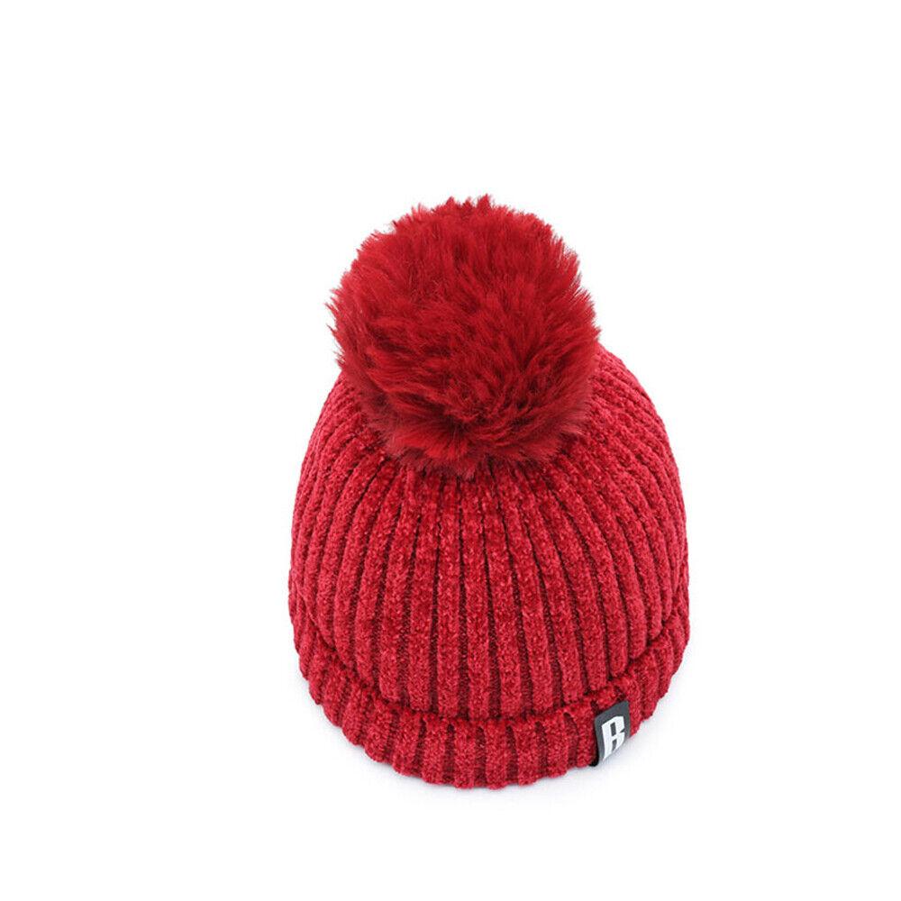 Knitted Bobble Hat Ladies Kids Beanie Warm Winter Pom-Pom Woolly Matching Cap