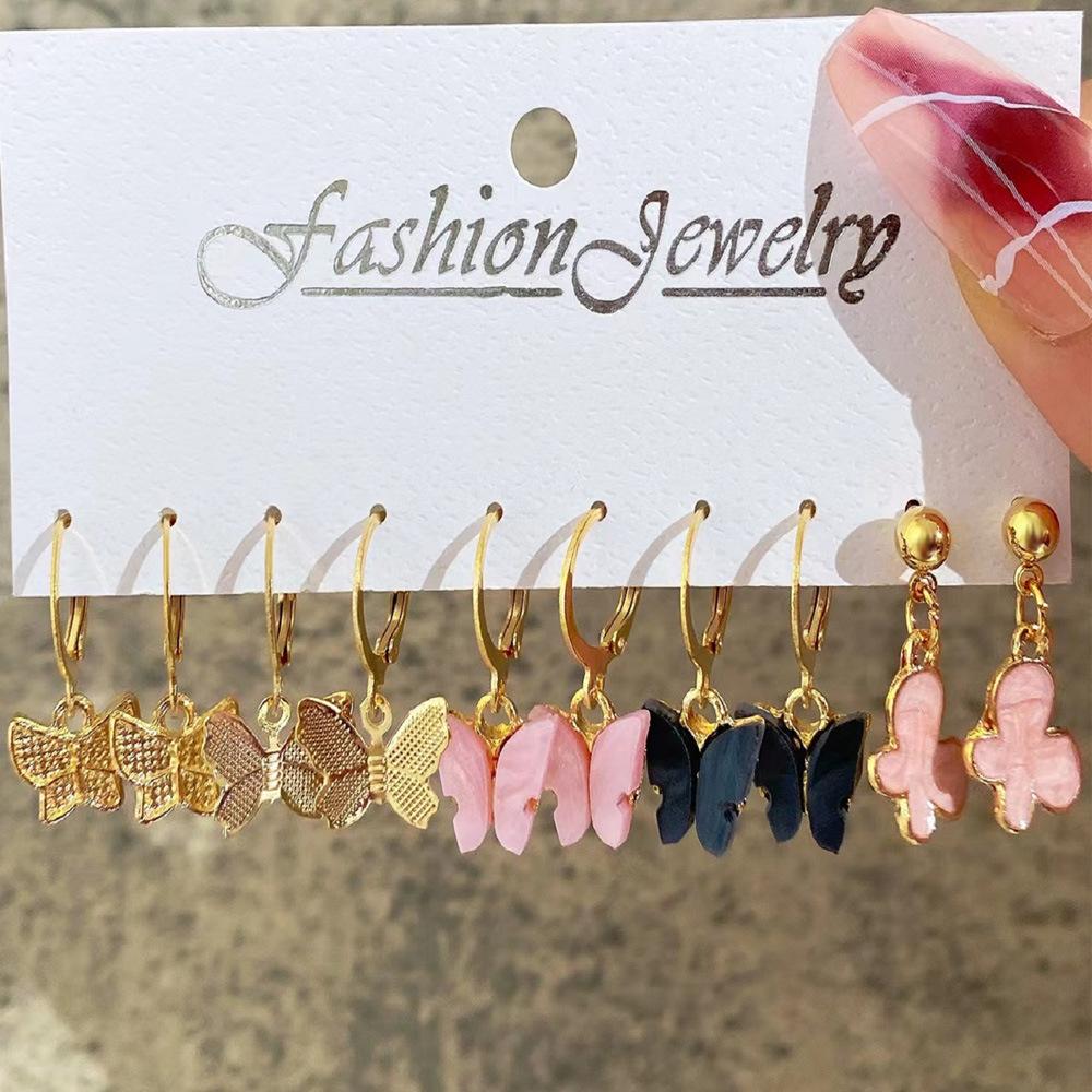 Fashion Acrylic Butterfly Pendant Earring Set Vintage Design Heart-shaped Pendant Hoop Earrings Women's Bohemian Summer Zircon