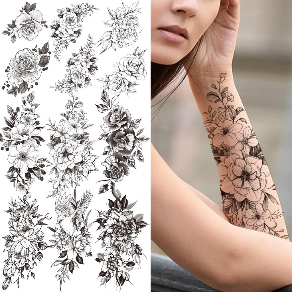 Sexy Blume temporäre Tattoo für Frauen Mädchen Erwachsene Pfingstrose schwarze Rose Tattoos Aufkleber gefälschte Vogel Sweatpea Blätter Tatoos Körper Kunst Arm