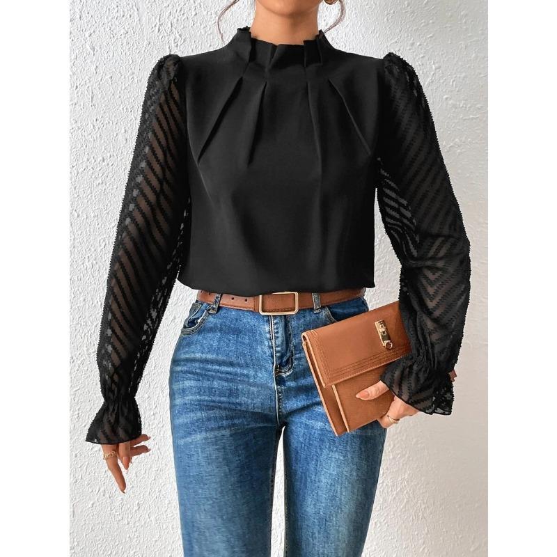 Damen Lockerer Halbrollkragen Patchwork Wellenförmiges Chiffon Langarm Pullover Top