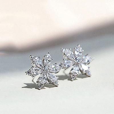 Sterling Crystal CZ Flower Earrings Stud Ear Piercing Romantic Women's Accessories Fancy Birthday Gift Trendy Jewelry