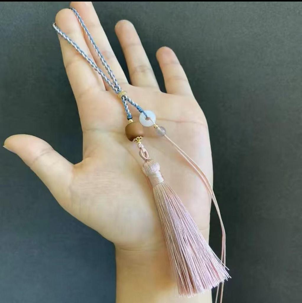 Two-Tone Woven Tassel Charm with Hetian Jade Safety Buckle Pendant 