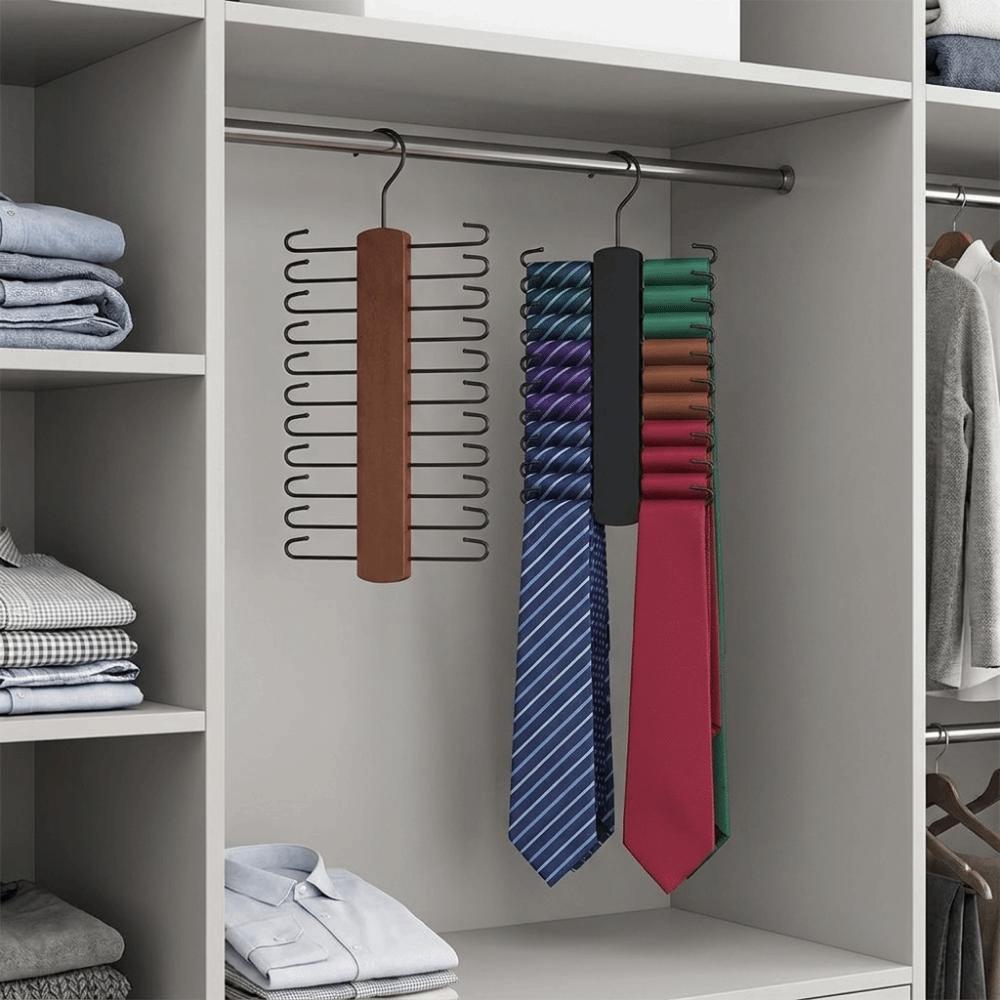 360° Rotating Wooden Tie Rack Space Saving Belt Storage Hanger Tie Storage Rack Men