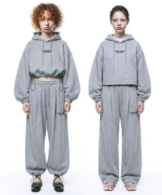 [Set] Small Slow And Soft String Oversized Crop Hoodie + Single-Pleat Wide Pants - Melange