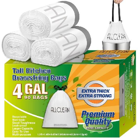 13 To 15 Gallon Trash Bags, Tall Kitchen Garbage Bags Drawstring, Ultra Strong Recyclable Trash Bags Unscented Trash Can Liners For Kitchen and 4 Gallon/90 bags