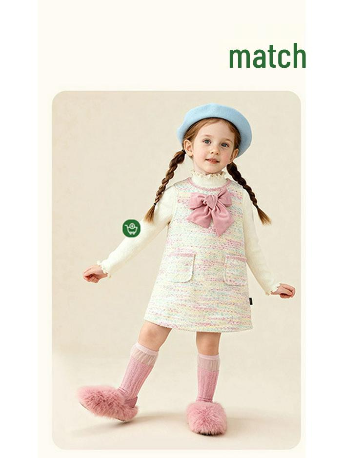 Tongbei 2025 Winter Girls' Sweet Bow Wool Sleeveless Dress