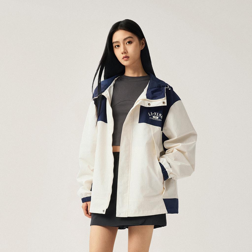 Li-Ning Lace Leaf Water-Repellent Windbreaker With Hood Unisex Outerwear Deep-Navy Cream AFDU927-2