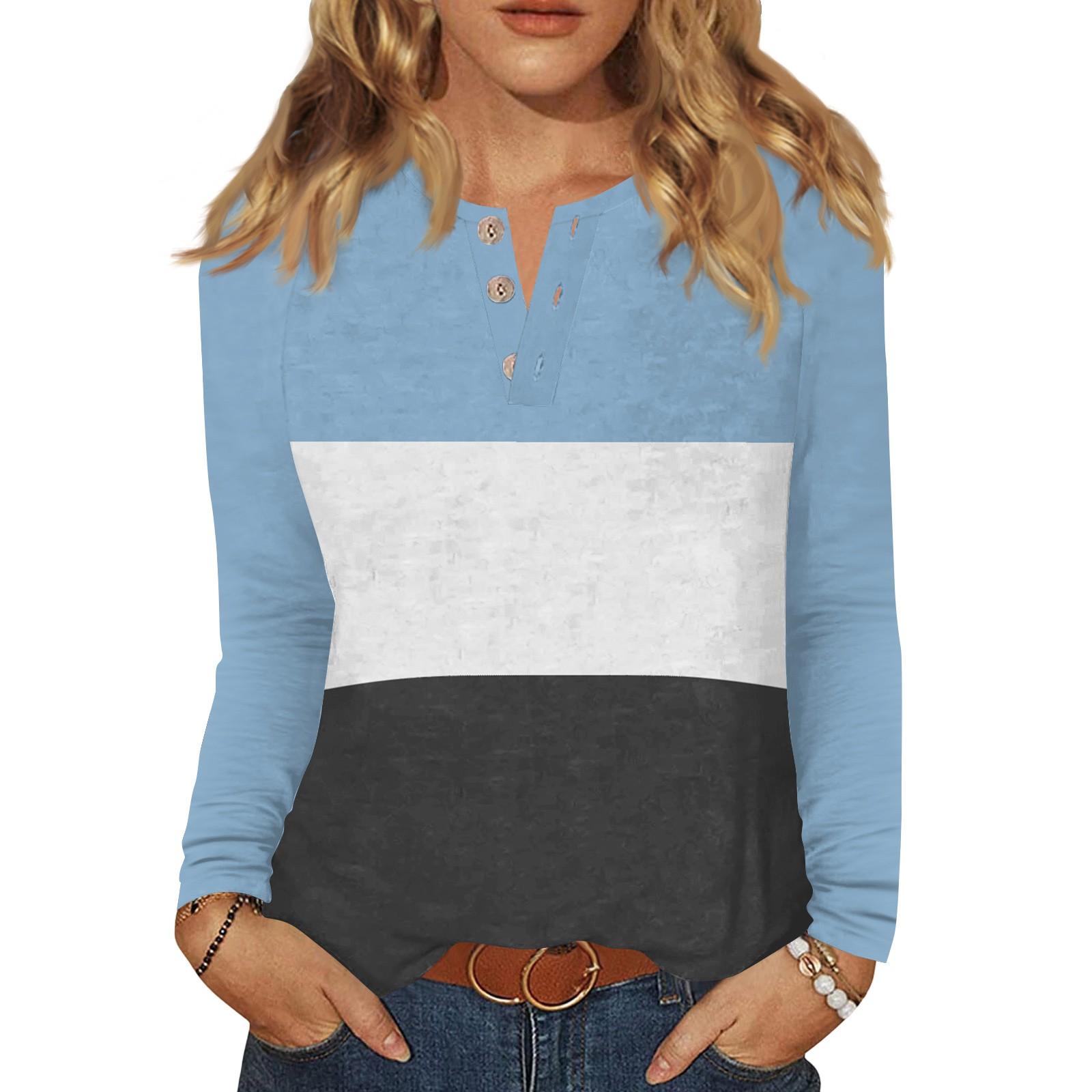 

Женская футболка с принтом, на пуговицах, с длинным рукавом, повседневная, для выходных, модная, базовая, с V-образным вырезом, обычный топ XL небесно-голубой