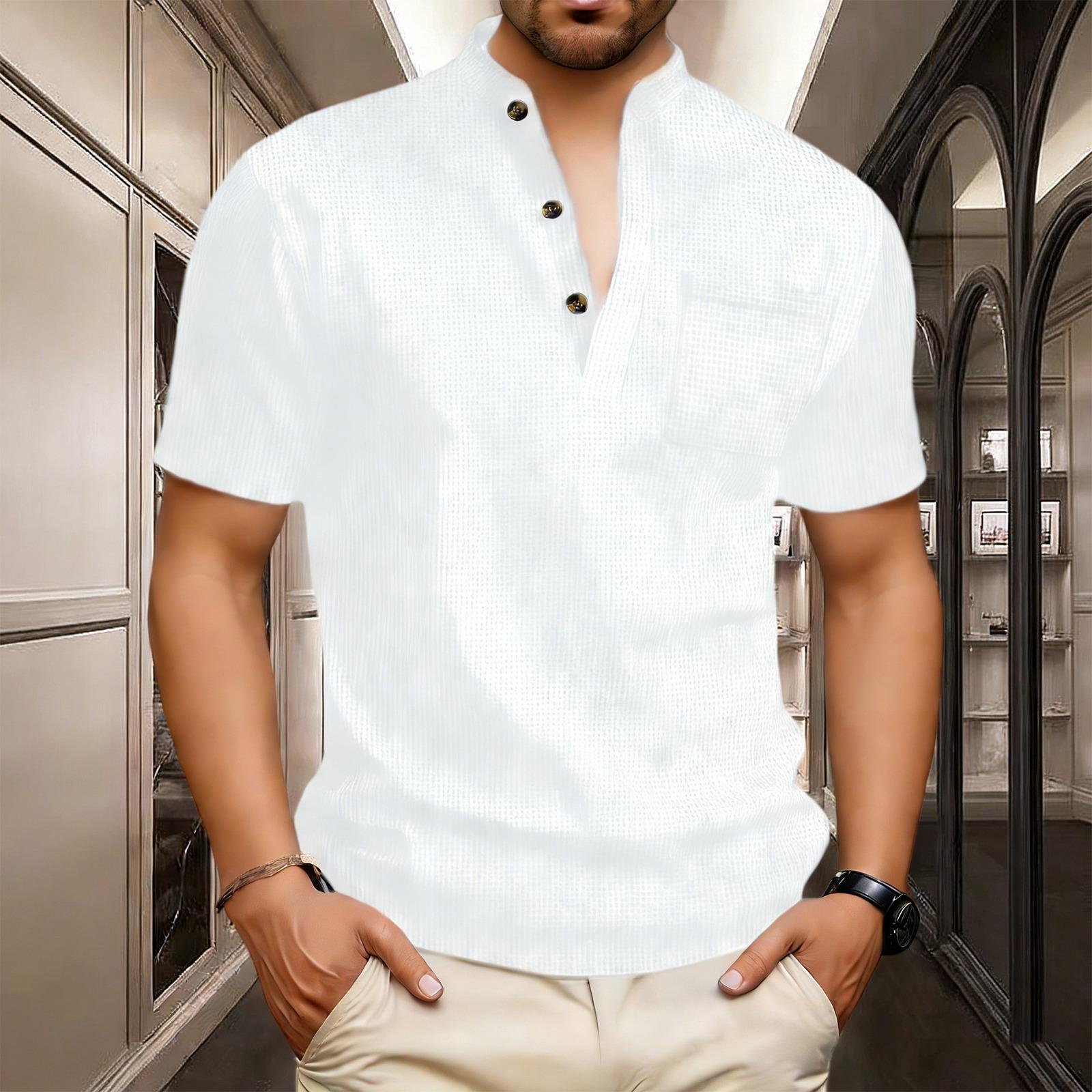 

Men’s Short Sleeve Henley Shirt with Pocket Ribbed Knit Stand Collar Button Front Modern Fit Soft Lightweight Top XL білий
