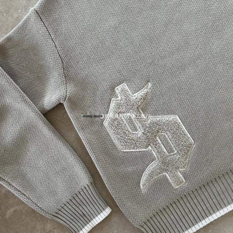 Men's American Style Embroidered Jacquard Sweater - Round Neck, Loose Knit, Autumn/Winter Fashion