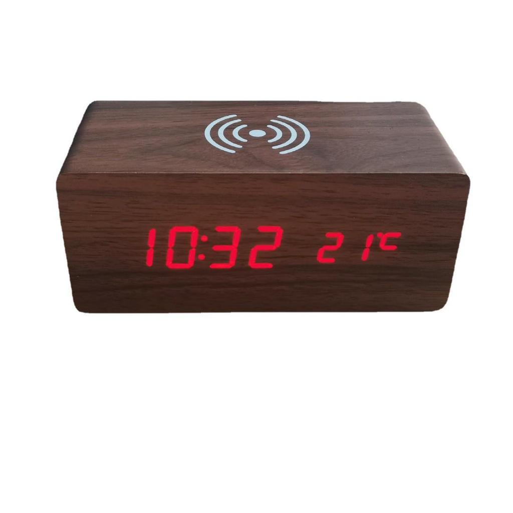 Smart LED Wooden Alarm Clock with Wireless Charging and Voice Activation