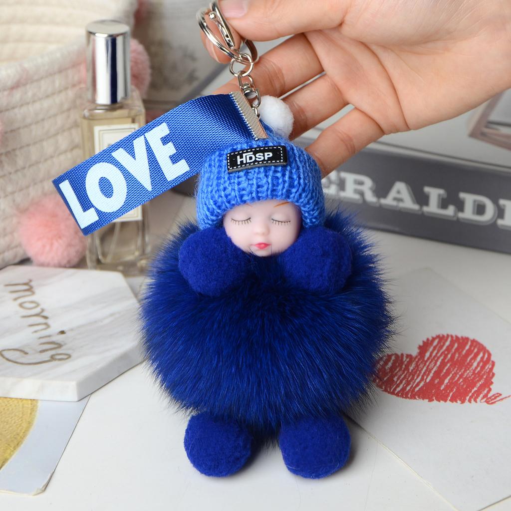 Pompom Sleeping Baby Keychain Cute Fluffy Plush Doll Keyholder Women Girl Bags Keyrings Cars Key Ring Gift Charming Decoration