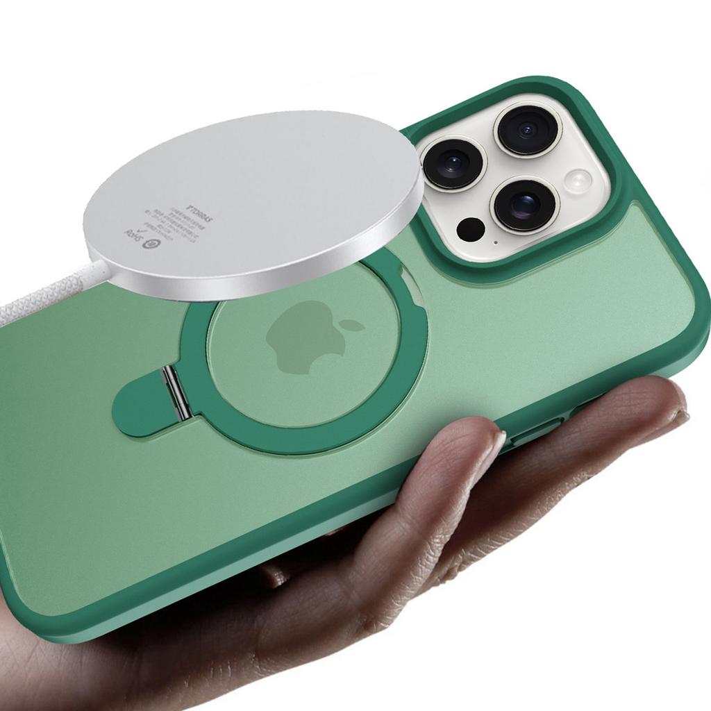 For iPhone 15 Pro Max Kickstand Case Glass Lens Protector Phone Cover Compatible with MagSafe