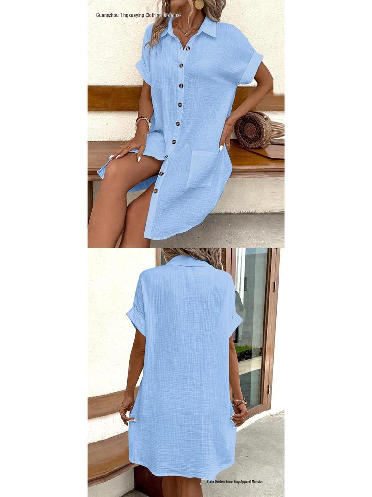 Women's Mid-Length Single-Breasted Short Sleeve Solid Color Casual Dress