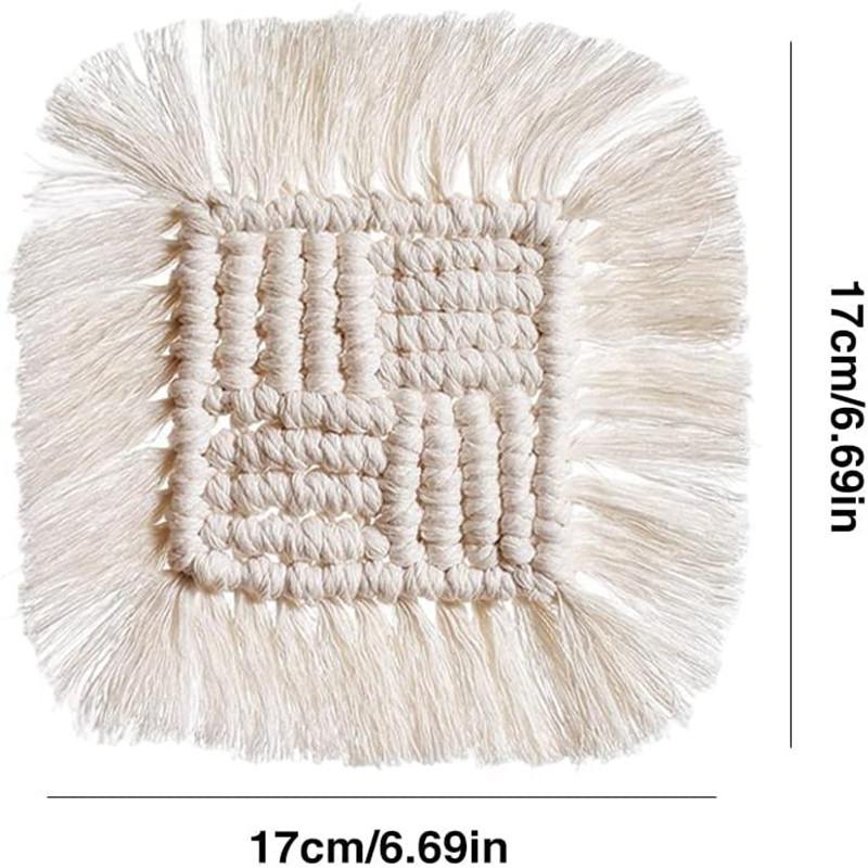 Handwoven Cotton Rope Heat Resistant Square Placemat with Fringe Decorative Table Pad for Hot Cups Plates and Coffee Mugs