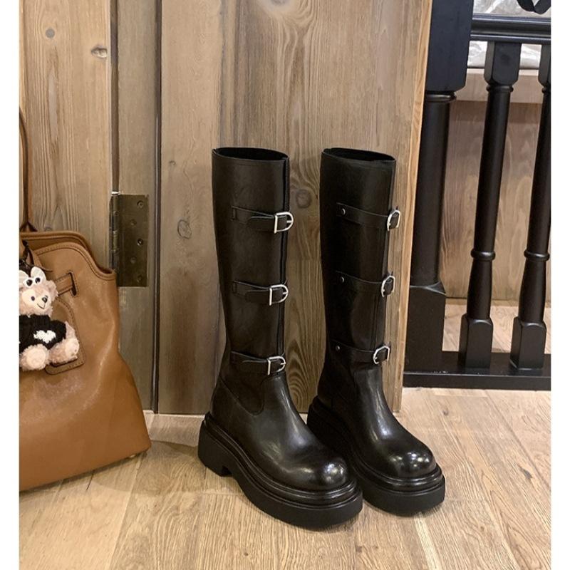 Supermodel boots Su Yinyin of the same style~ 6cm thick heel thick sole high tube medium tube belt buckle short boots women's knight boots wom