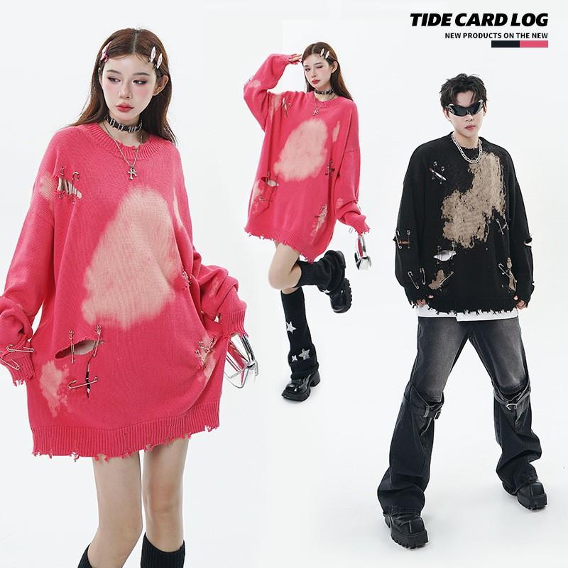 Oversized Crewneck Sweater With Distressed Pinhole Detail Winter Streetwear Knitwear Teens