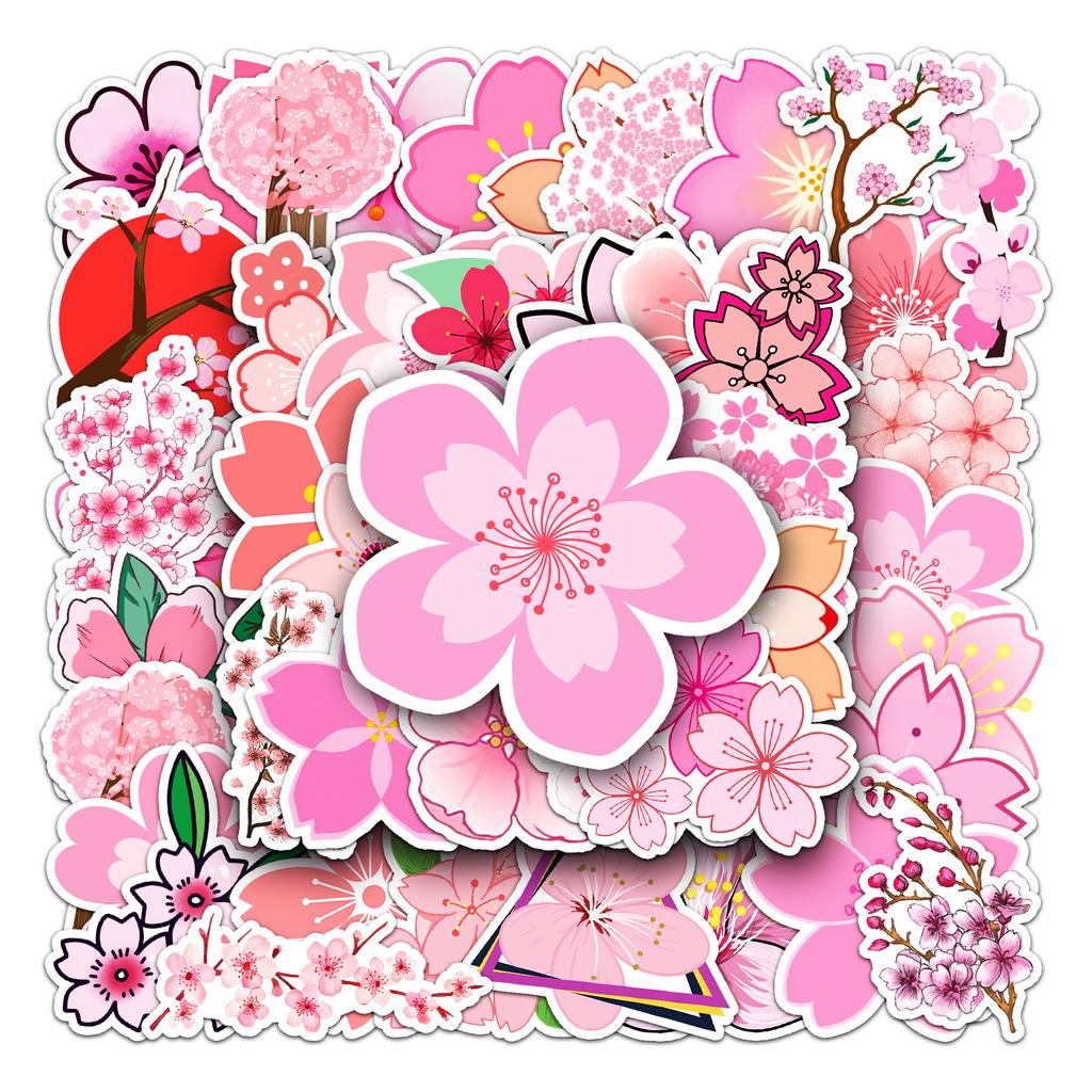 50 Cherry Blossom Doodle Cartoon Fresh Flowers Guka Hand Account Decoration DIY Skateboard Mobile Suitcase Stickers