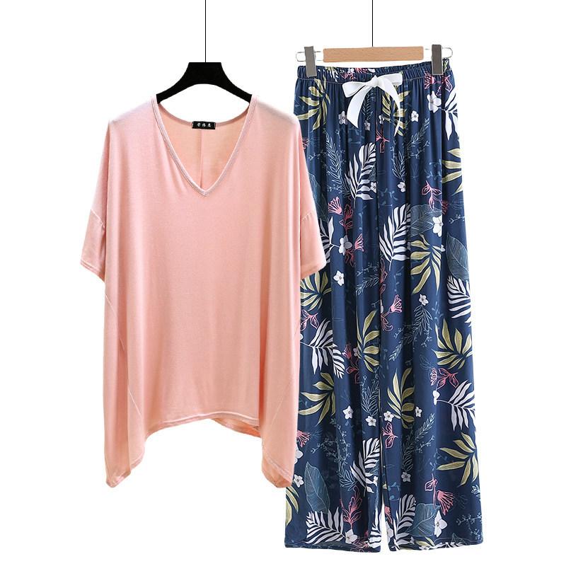 irregular Tshirt and floral wide leg pants summer women's casual pajamas sets Short sleeve homewear suit Loose lightweight Loungwear Plus size