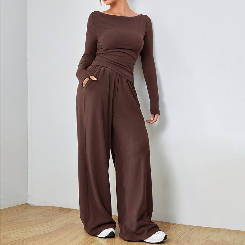 Women's Navy Blue One-Shoulder Long Sleeve Wide Leg Jumpsuit