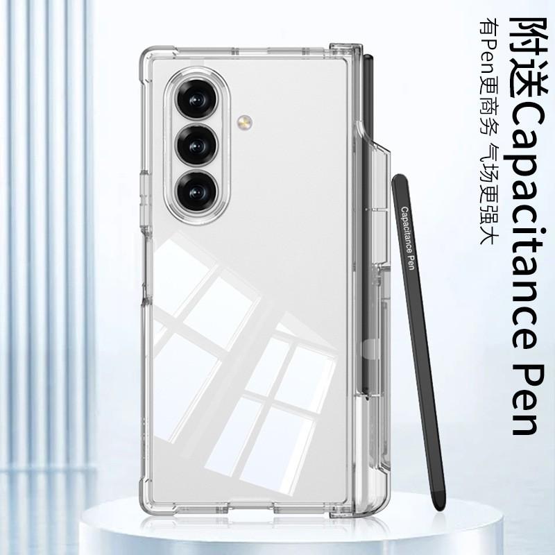 Magnetic Snap-on Case With Side Kickstand Pen Holder Galaxy Z Fold7 Shockproof Air Cushion Design Transparent/Black