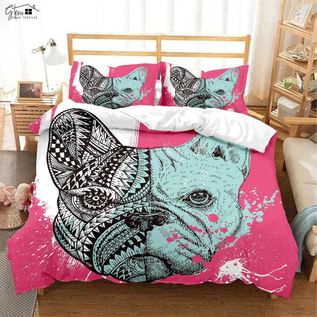 Funny Cartoon Dog Print Quilt Cover Kids Gift 100% Polyester Bedding Set Pillowcase Quilt Cover Three-Piece Set Machine Washable