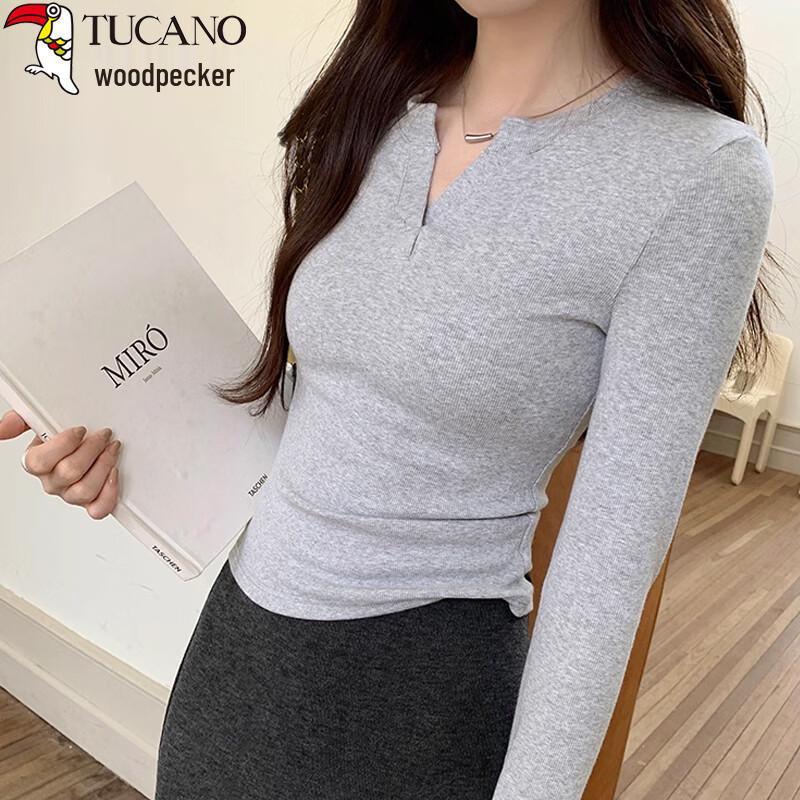 Woodpecker Women's Ribbed V-Neck Long Sleeve Slim Fit T-Shirt