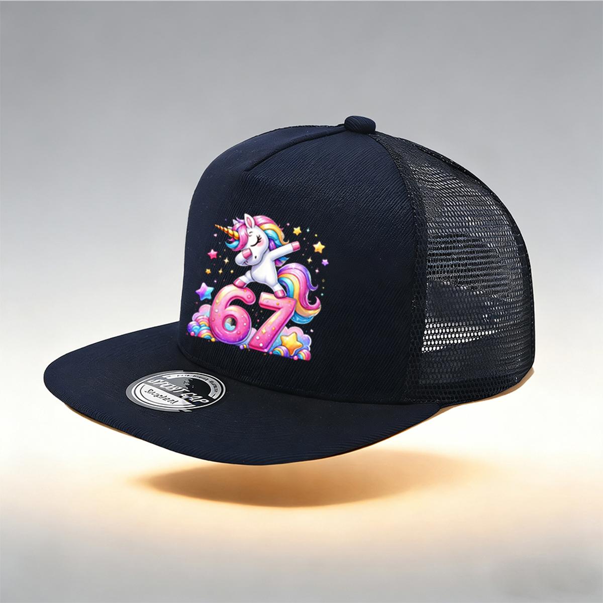 

1/2PC Breathable Flat Brim Unicorn 67 Hat, One Size, Cute Cartoon Print, Trendy Dopamine Street Style for Daily Wear темно-синий