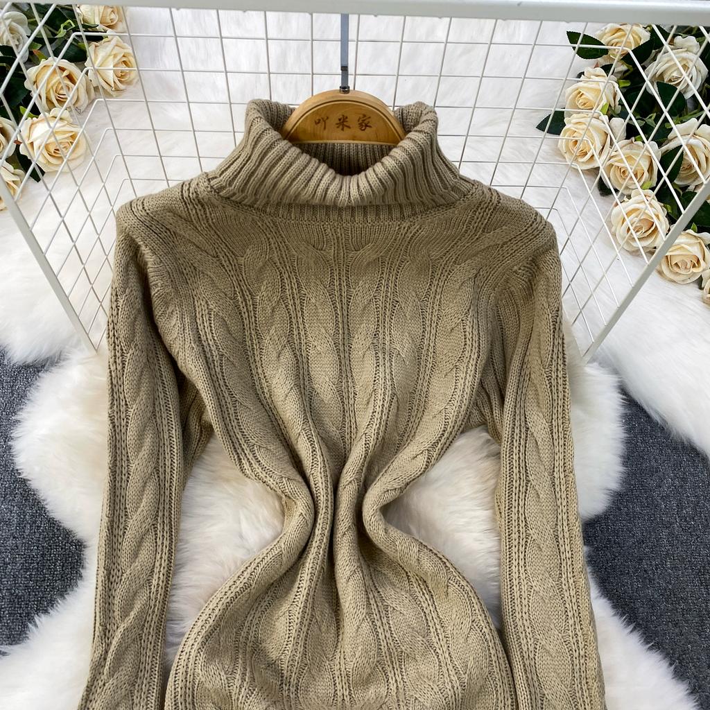 Autumn Winter Women Casual Turtleneck Twist Knitted Sweater Long Midi Slim Bodycon Pullover Dresses
