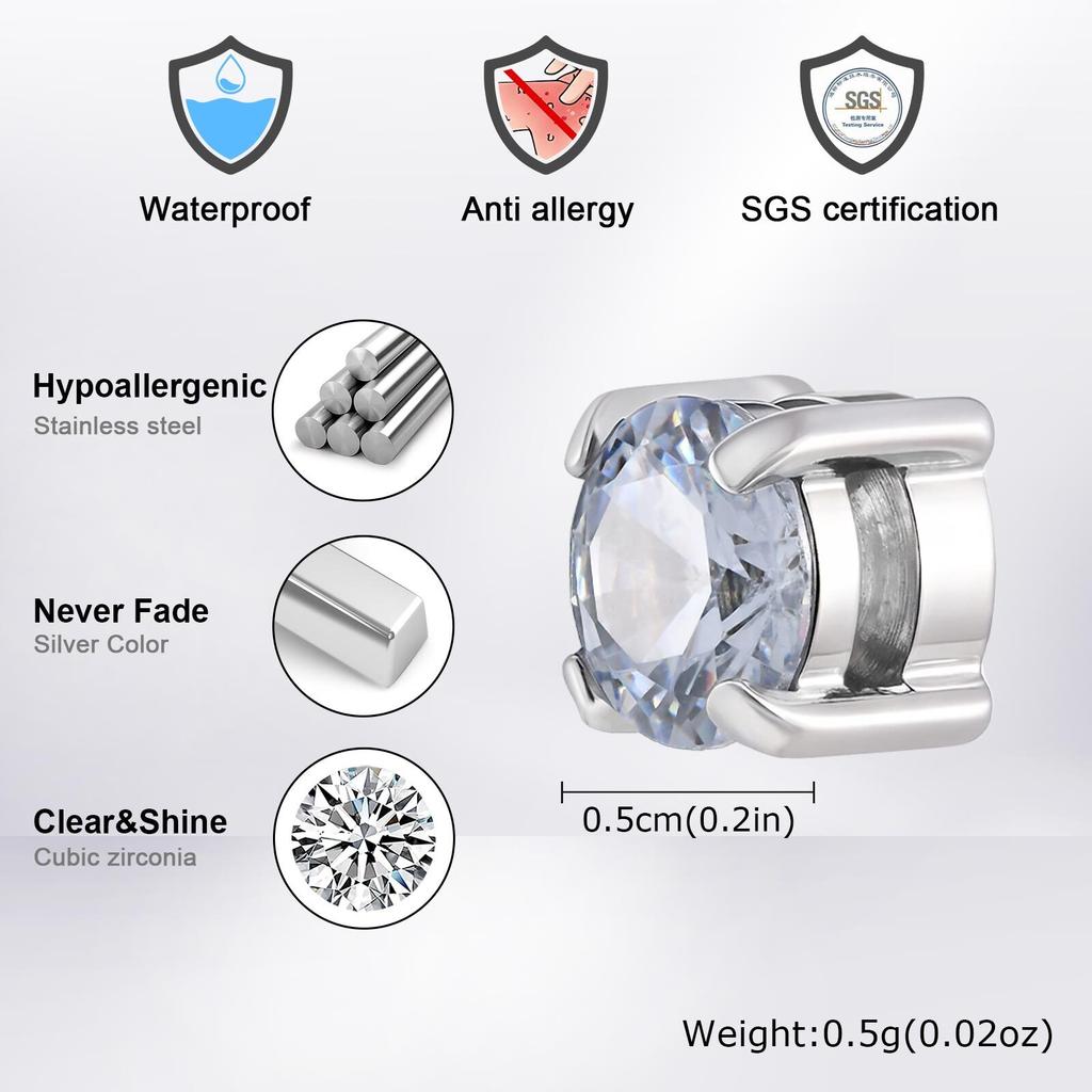 Vnox 5/7/8mm Wide Magnetic Ear Clip No Piercing, Stainless Steel Black White Zircon Hip Hop Ear Clip for Men Women, Jewelry Gift
