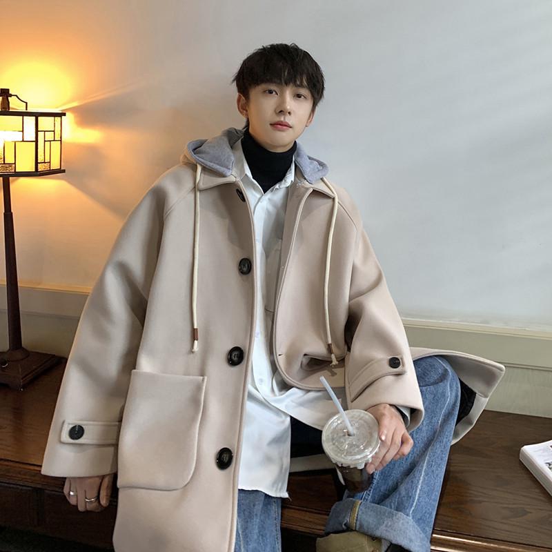 Men's Mid-Length Woolen Hooded Coat - Autumn/Winter Style, Over-The-Knee, Trendy High-End Thick Windbreaker