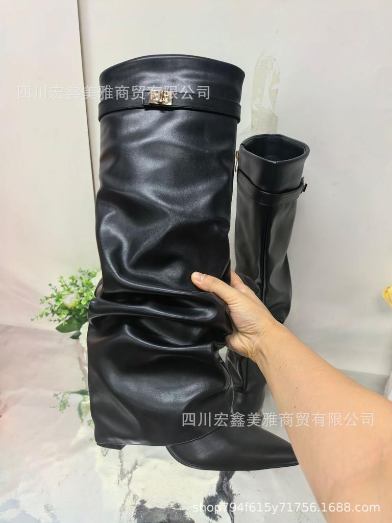 2025 women's shoes pointed straight pleated metal buckle medium long boots large size thick heel trouser tube boots