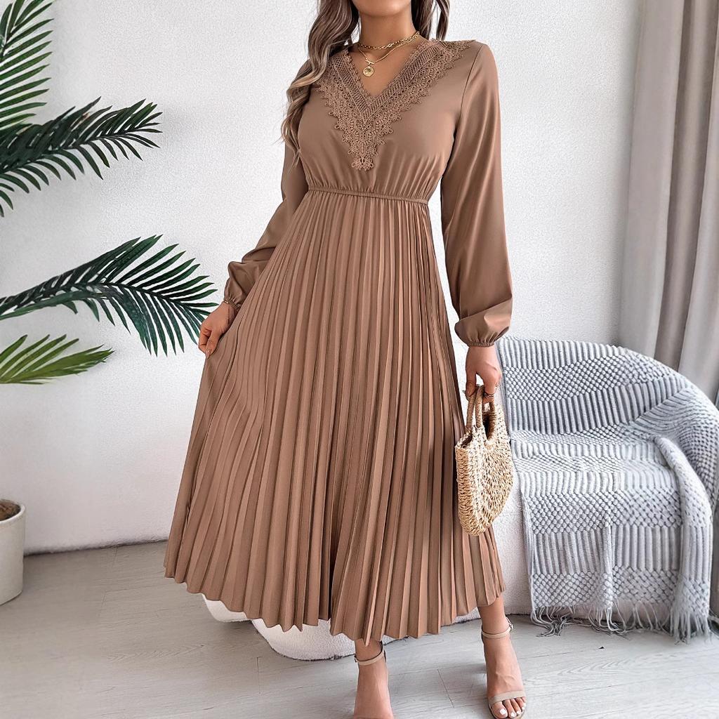 Dames Elegante Europese Stijl V-hals Kant Hoge Taille Lange Mouwen Geplooide Maxi Jurk