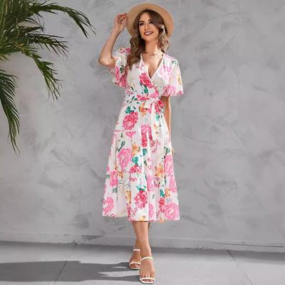 Damen Sommerkleid mit V-Ausschnitt, mittellang, kurzärmelig