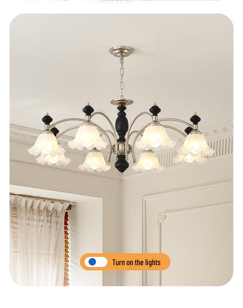 Mid-Century Cream Flower Chandelier with Solid Wood and French Retro Design