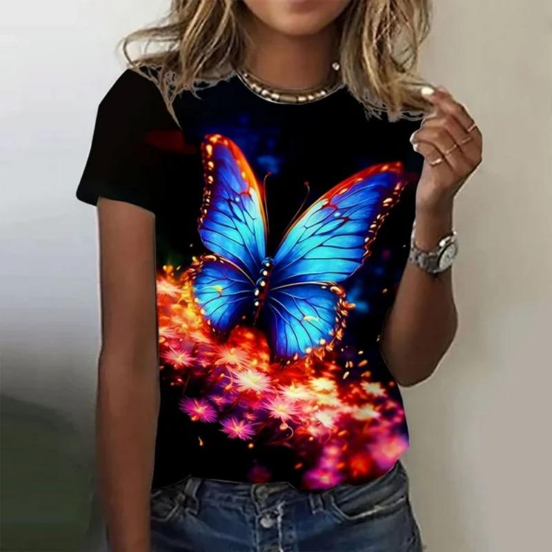 3D Digital Women's Fashion T-shirt Butterfly Printed Round Neck Short Sleeve T-shirt Luxury Women's T-shirt Loose