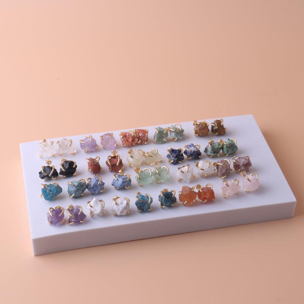 Natural Gemstone Earrings for Women - 18K Gold Plated Raw Amethyst and Rose Quartz Healing Crystal Stud Earrings