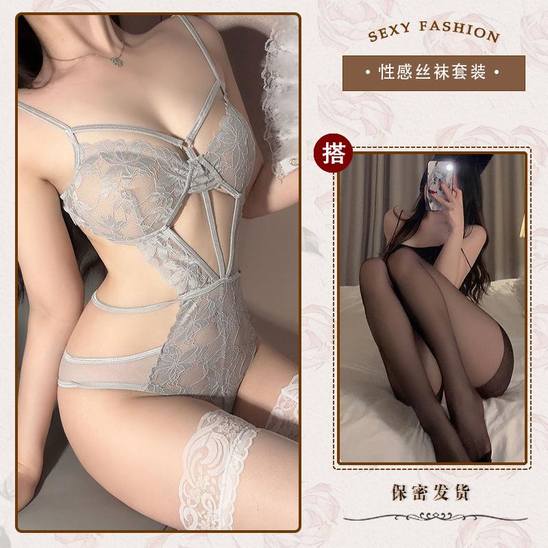 Hollow and thin sexy underwear sexy onesie temptation strap perspective lace free purple n