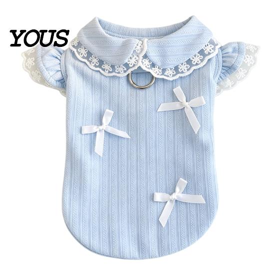 Hair Free Pet Clothes Cute Girl Dog T-Shirt, Sweet Lace Trim Shirt with Bowknots, Metal D Ring Short Flying Sleeves, Summer Female Outfit