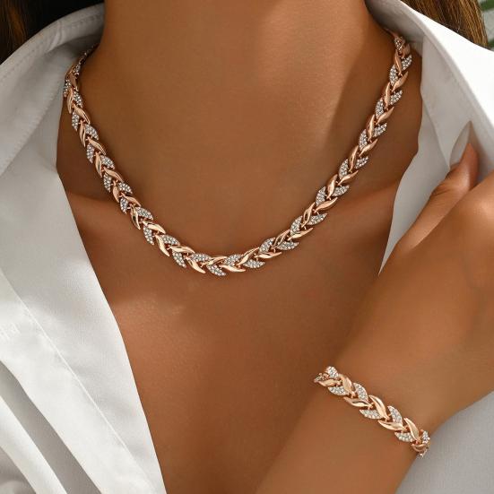 2Pcs/Set Women Jewelry Set Leaves Shape Rhinestone Inlaid Adjustable Length Necklace Bracelet Set Party Wedding Decor