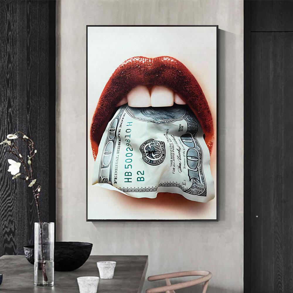 Mulher Sexy Batons Lábios Vermelhos Estampas de Dólares Pôster Pintura em Tela Arte de Parede Moderna Imagens Para Sala de Estar Quarto Decoração de Casa